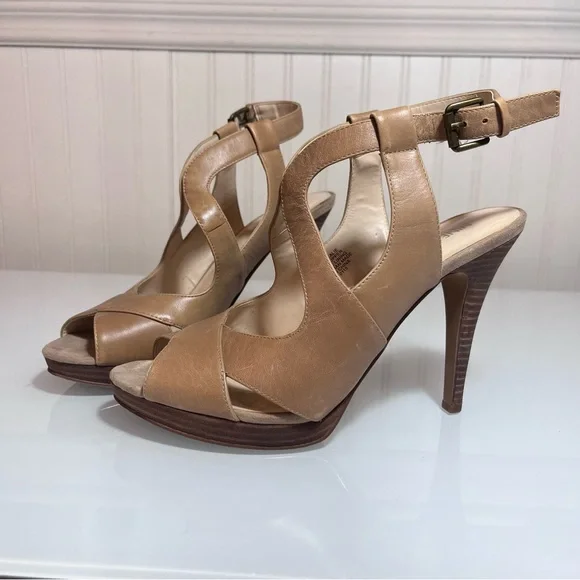 Nine West Marcalie Tan Leather Platform Sandals Strappy Peep Toe Block Heel sz 9 - Picture 1 of 16